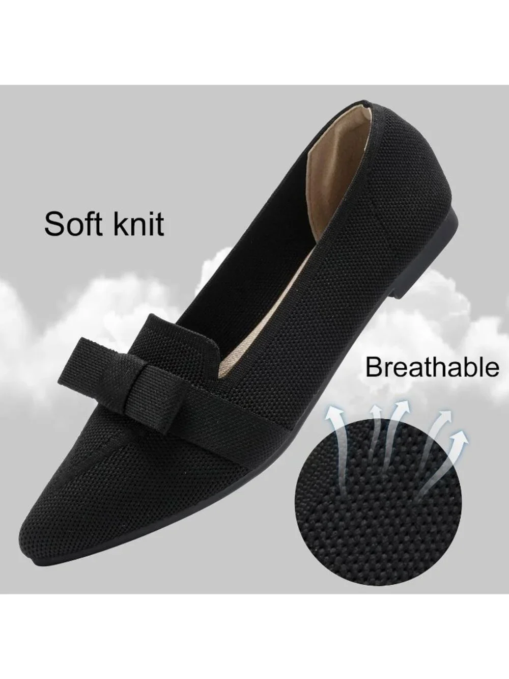 Women's Black Rubber Soft Knit Breathable Pointed Toe Ballet Flats Casual Shoes